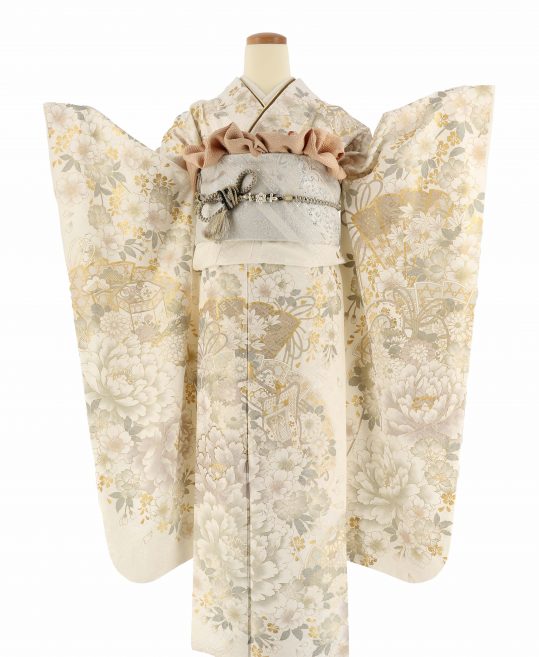 参列振袖[キレイ系]白にグレーとゴールドの花々と御所車[身長166cmまで]No.1096